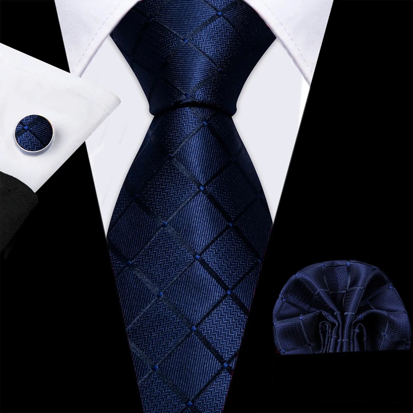 Barry.Wang Men’s Jacquard Plaid Tie Set – Navy, Pink, Black Necktie with Handkerchief & Cufflinks BWN1656