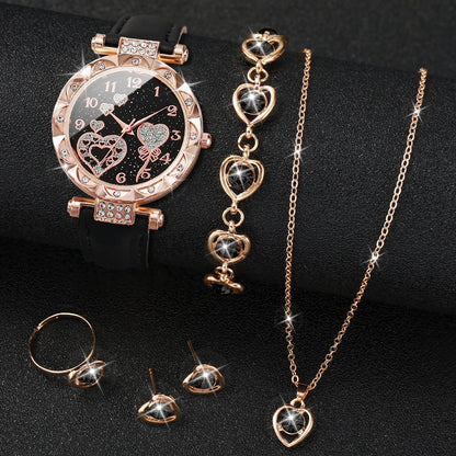 5-Piece Rhinestone Heart Women’s Watch & Jewelry Set - Leather Band Quartz Watch black 5pcs set