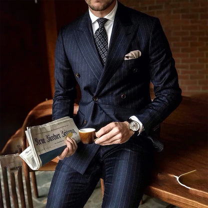 Trendy Navy Blue Striped Men's Suit – Peak Lapel Double-Breasted Blazer & Pants Set