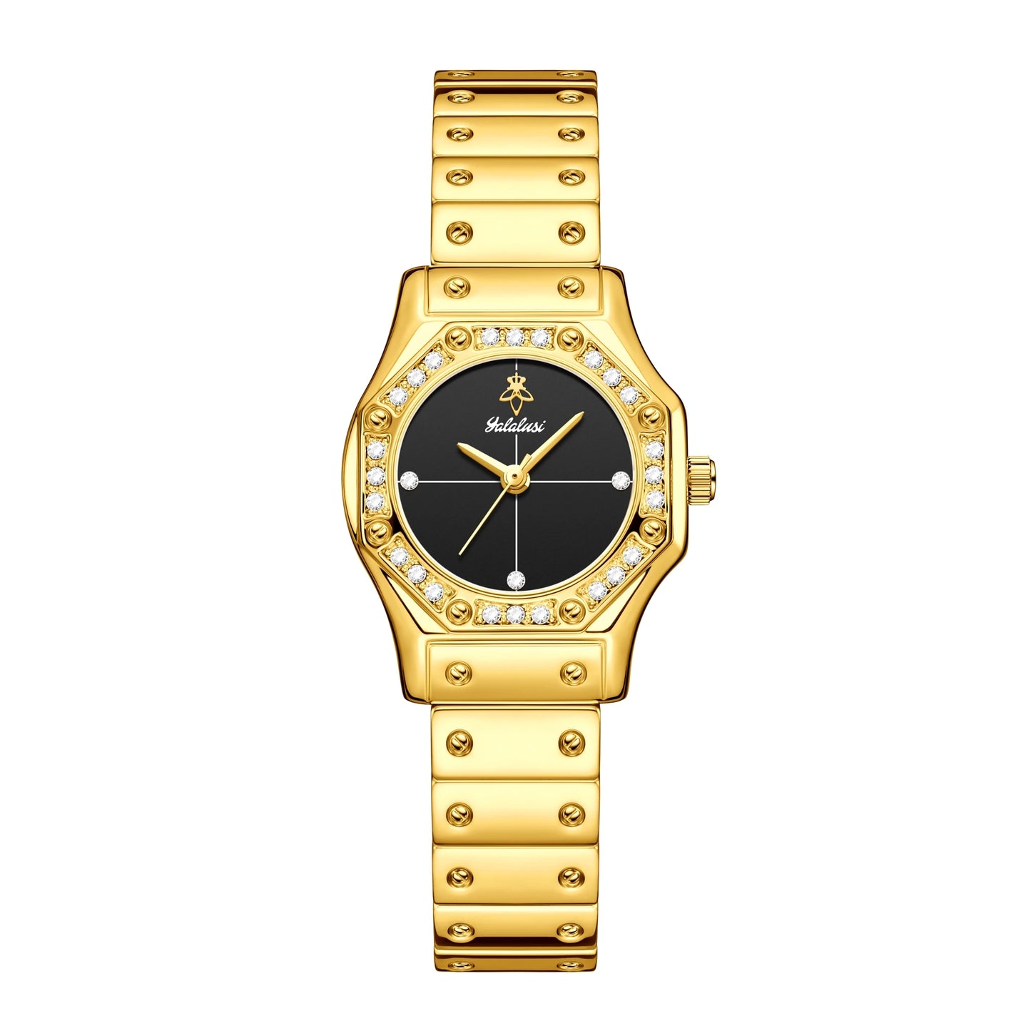 Yalalusi Classic Women's Luxury Watch – Gold with Crystal Diamonds, Real Gold Plating, & Gift Box – Perfect for Her Gold black