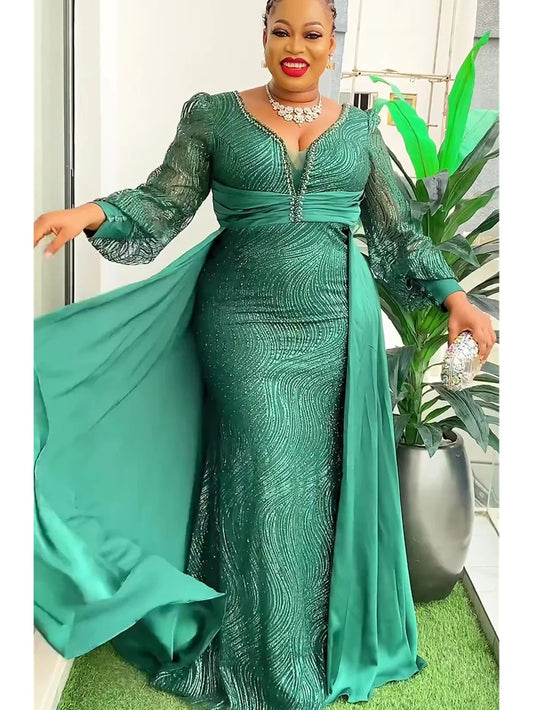 African Dresses for Women 2024 New Fashion Plus Size Sequin Evening Party Long Dress Dashiki Ankara Outfits Robe African Clothes green