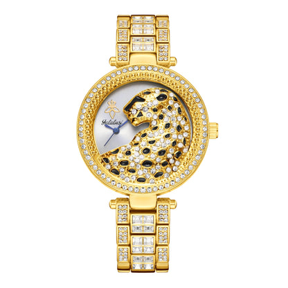 Yalalusi 2024 Women’s Luxury Watch – Gold with Crystal Diamonds & Leopard Box – Real Gold Plating & Watch Remover – Elegant Gift for Her Gold silver