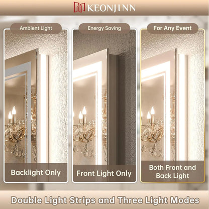 Keonjinn 42 x 36 Inch LED Bathroom Mirror – Frontlit & Backlit, Dimmable with 3 Color Temperature Settings, Anti-Fog, Tempered Glass