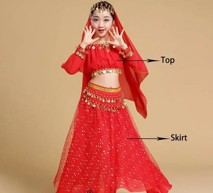 Girls' Indian Belly Dance Costume Set | Bollywood Sari Outfit for Children Red 2pcs