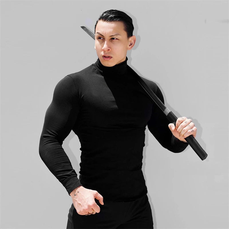 Autumn New Turtleneck T Shirts Men Knitting Shirt Slim Fit Fitness Elastic Clothes Long Sleeve T-Shirt Casual High Neck Tops