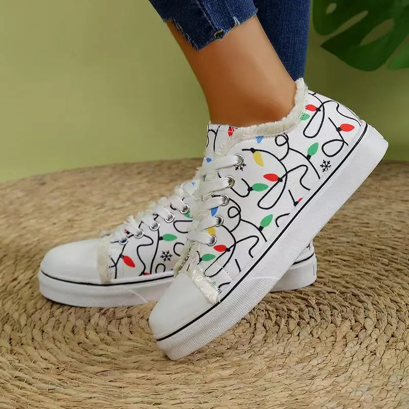 Women's Spring Cartoon Graffiti Casual Canvas Shoes - Fashion Lace-Up Round Toe Lightweight Sneakers White