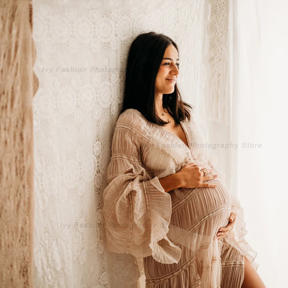 Elegant Bohemian Maternity Dress V-neck Long Sleeve Chiffon Photography Dress