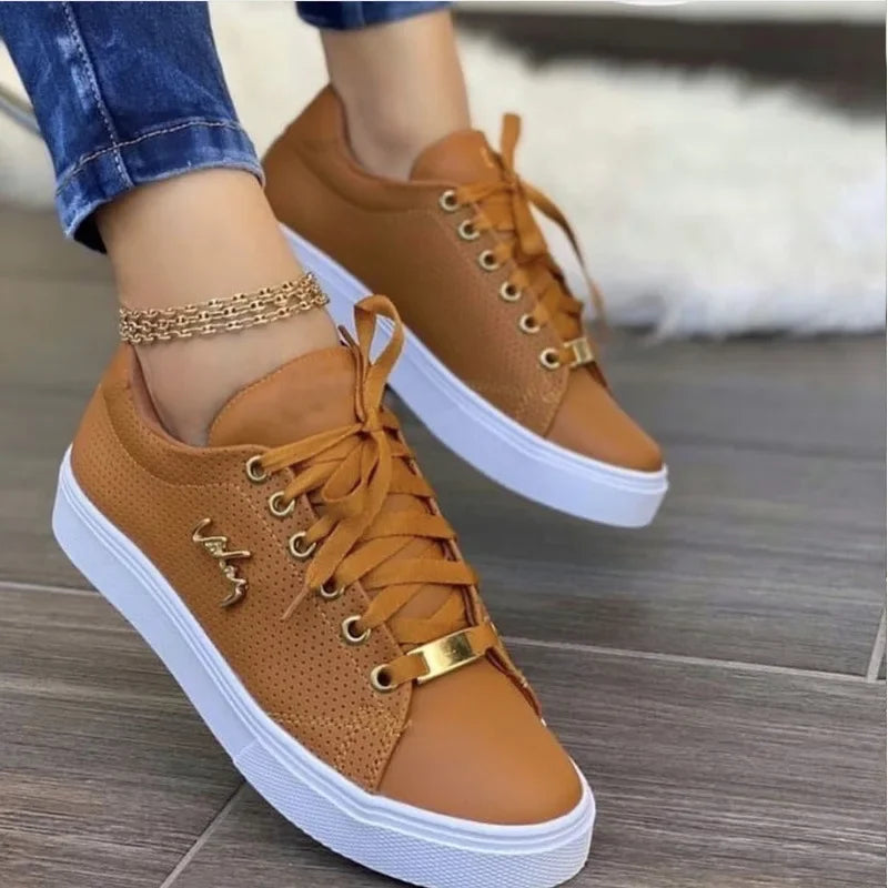 Vulcanized Women's Casual Sneakers | 2024 Fashion Lace-Up Flats | Plus Size 43 Outdoor Walking Shoes | Zapatillas Mujer Brown