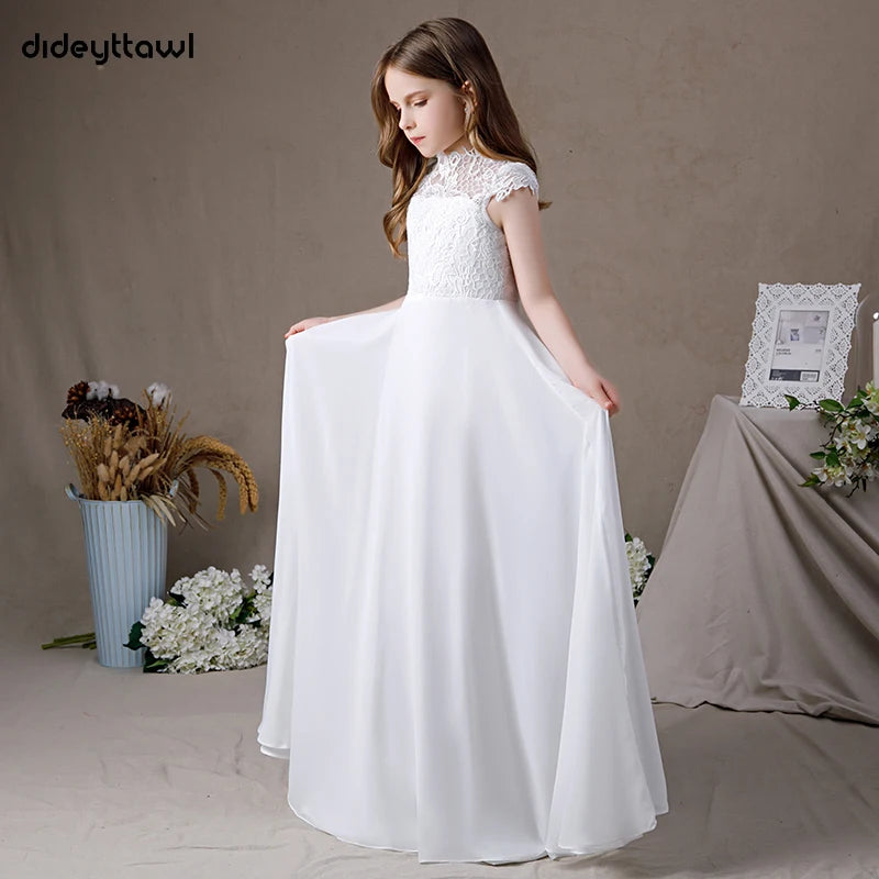 Dideyttawl Lace Chiffon First Communion Gown | A-Line High Neck Junior Bridesmaid Dress with Cap Sleeves