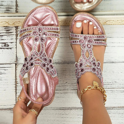 Woman Sandals Rhinestone Open Toe Fashion Female Shoes Solid Color Summer Open Toe Beach Sandalias Non-Slip Chaussure Femme Pink