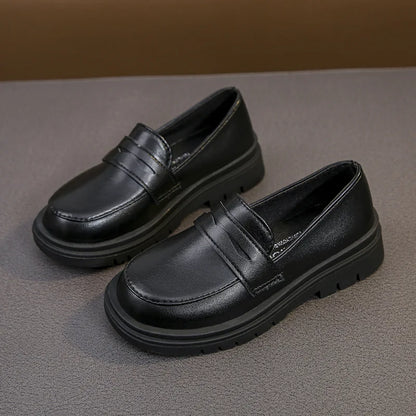 2023 Spring & Autumn Boys and Girls Leather Shoes - Black Casual Britain Style Slip-on Loafers for School and Performance black