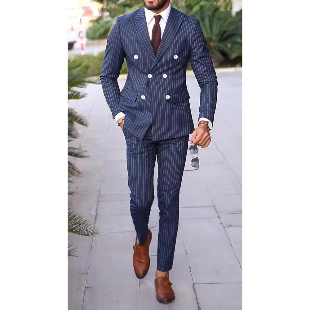 Slim Fit Striped Men's Suit 2-Piece Blazer & Pants for Wedding Groom Blue