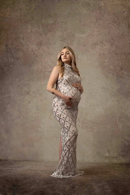 2024 Glam Tulle Maternity Dress with Crystals for Pregnancy Photoshoot White