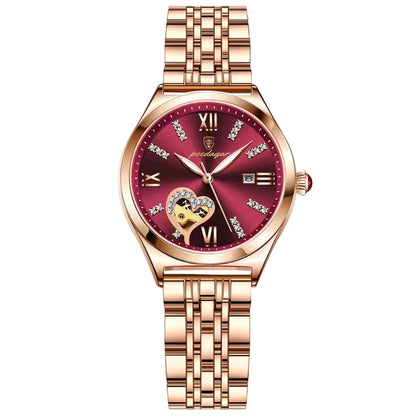 POEDAGAR Women's Rose Gold Stainless Steel Waterproof Quartz Watch - Romantic Gift for Girlfriends Red