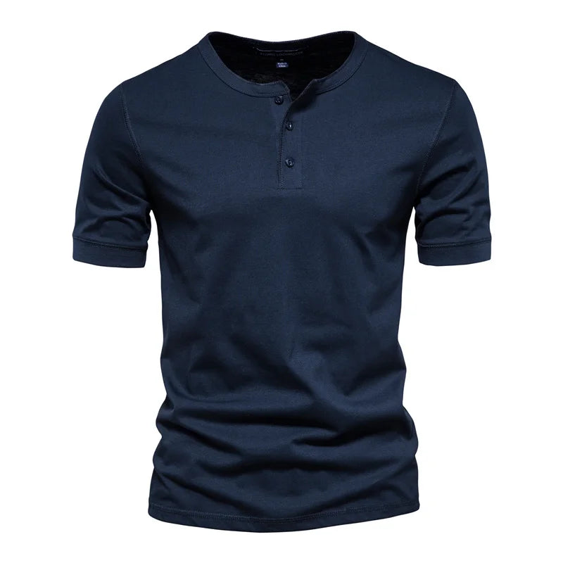 AIOPESON 100% Cotton Henley Collar T Shirt Men Casual High Quality Summer Short Sleeve Mens T Shirts Fashion Basic T-shirt Male Navy