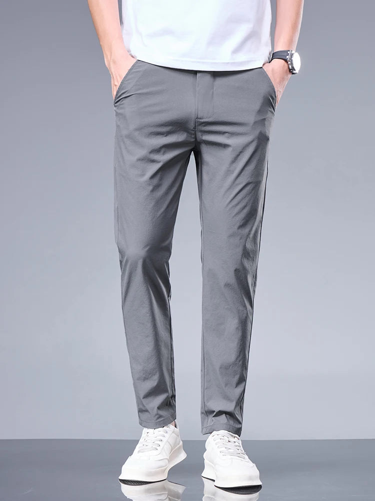 Summer New Business Ice Silk Pants Straight Elastic Waist Black Gray Trousers Breathable Simple Male Clothing Casual Suit Pants