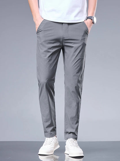 Summer New Business Ice Silk Pants Straight Elastic Waist Black Gray Trousers Breathable Simple Male Clothing Casual Suit Pants