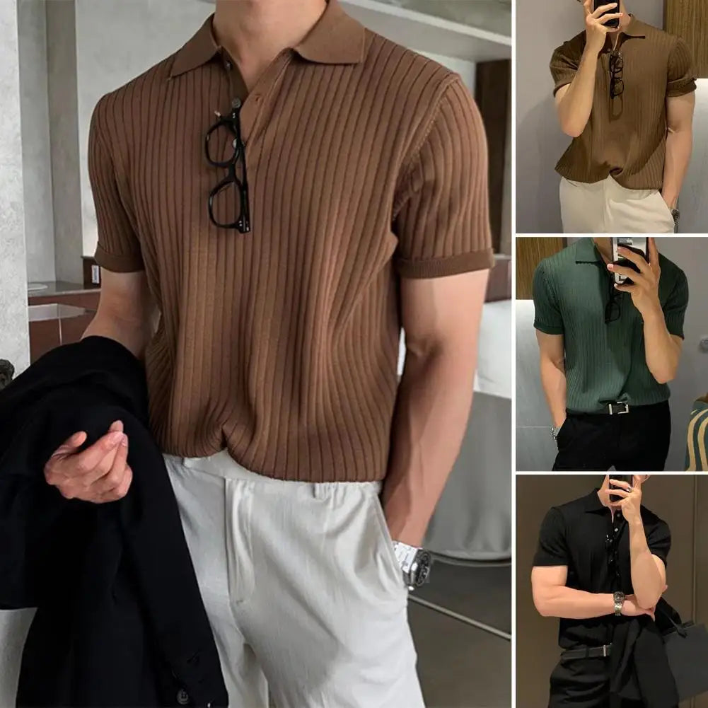 Lapel Short Sleeve Buttons Half Placket Loose Men Summer T-shirt Knitting Ribbed Shirt Top Streetwear