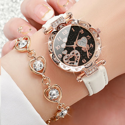 5-Piece Rhinestone Heart Women’s Watch & Jewelry Set - Leather Band Quartz Watch