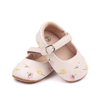 Baby Girls Mary Jane Flats PU Leather Infant Dress Shoes Floral Embroidery Princess Shoes 0-18M