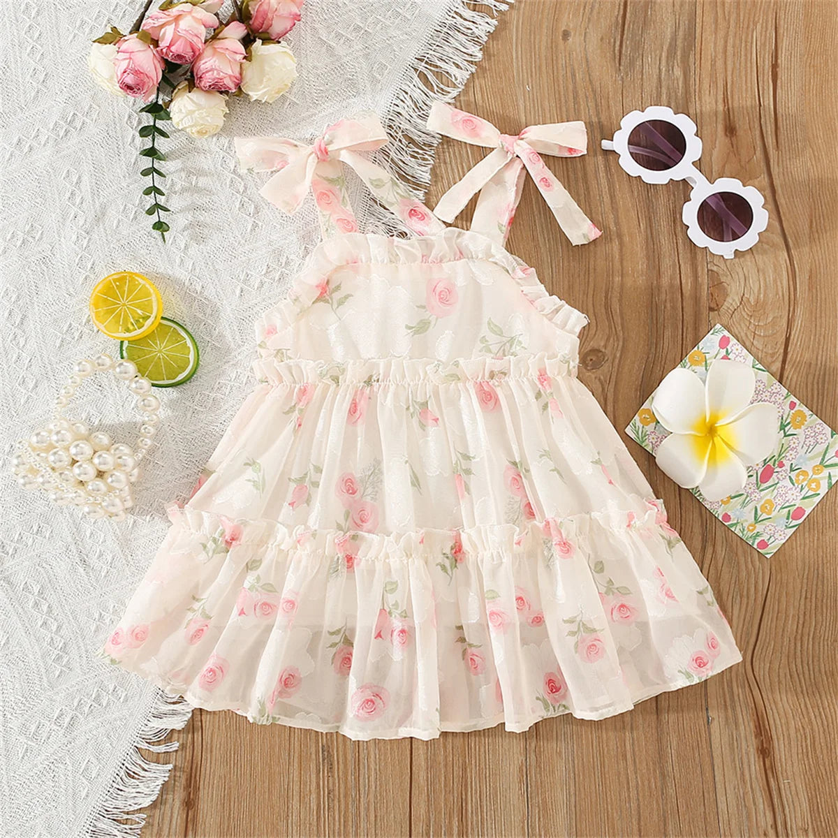 Summer Girls' Dress Strap Chiffon Cool Beach Skirt Beautiful Fragmented Flower Ladies Fashion Bow Sleeveless Skirt Beige