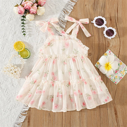 Summer Girls' Dress Strap Chiffon Cool Beach Skirt Beautiful Fragmented Flower Ladies Fashion Bow Sleeveless Skirt Beige