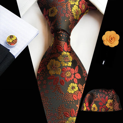 Floral Pink Silk Tie Set for Men – Wedding & Party Neck Tie with Handkerchief, Brooch, and Cufflinks TZ-MF08