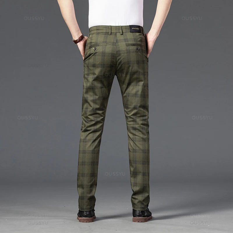 Brand Men's Stripe Plaid Casual Pants Men Four Seasons High Quality Business Trousers Men's Slim Dark gray Straight Pant