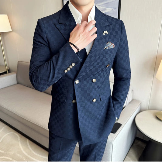 Men's Double-Breasted Formal Suit (Jacket + Pants) | Custom Made Business & Wedding Tuxedo | Blue Apricot 2-Piece Set Navy Blue