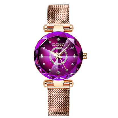 SENO Ocean Star Women Crystal Watch 2024 Top Brand Luxury Rose Gold Women Bracelet Watch for Ladies Wrist Watch Relogio Feminino mesh purple