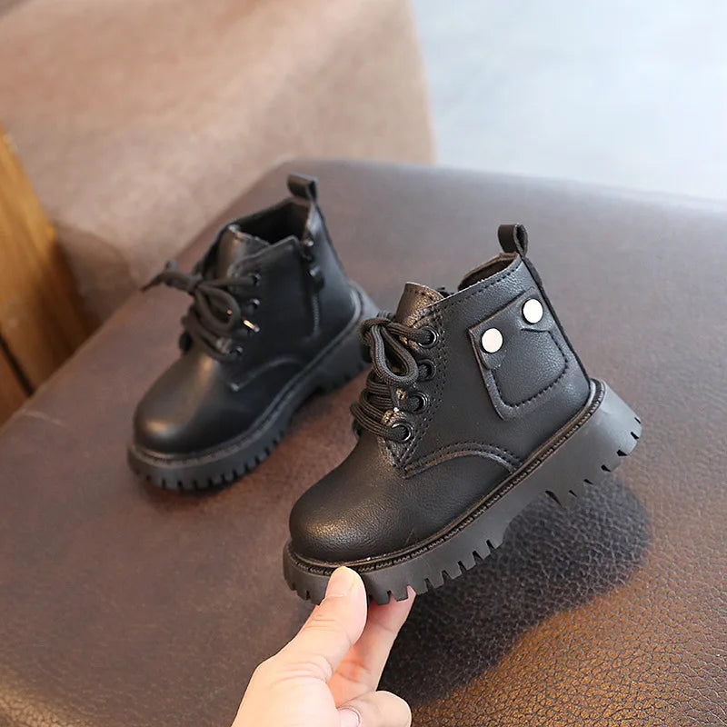 Children's Fashion Front Lace Up Soft Sole Anti Slip Warm Snow Boots Girls' Plush Casual Cotton Shoes black