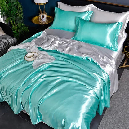 100% Mulberry Silk Bed Set Queen King Duvet Cover Fitted Sheet Pillowcase Luxury Sets light blue white