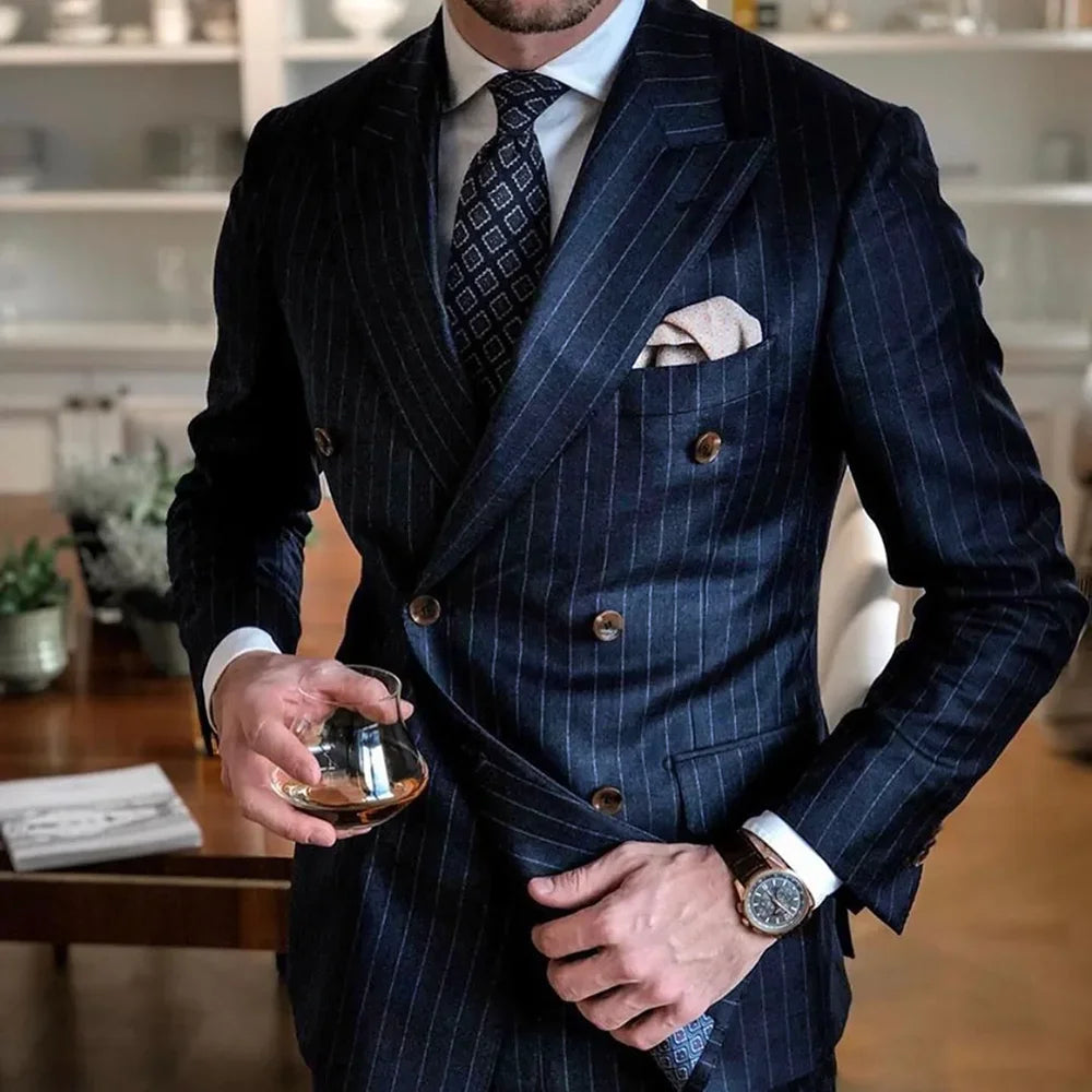 Trendy Navy Blue Striped Men's Suit – Peak Lapel Double-Breasted Blazer & Pants Set Navy Blue