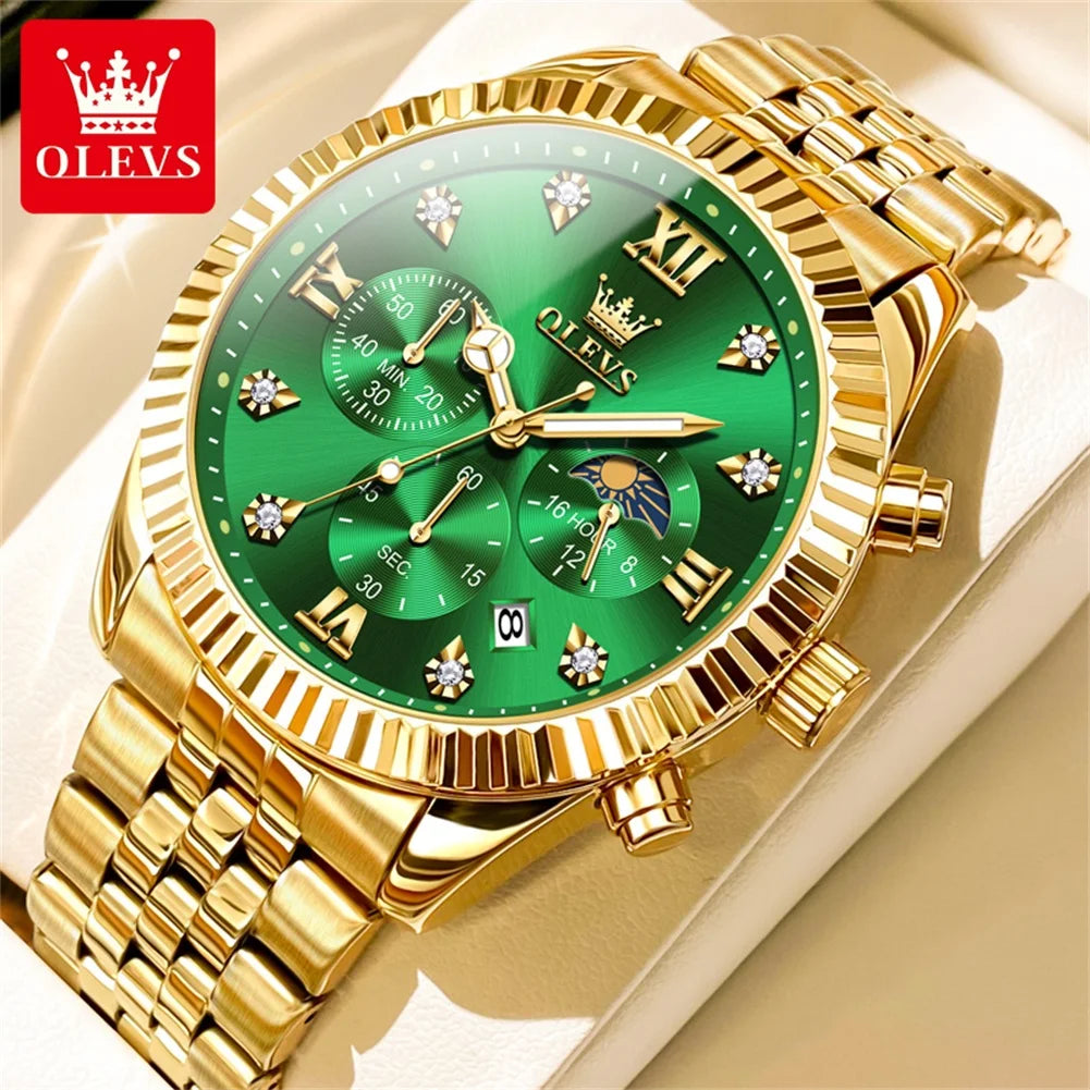 OLEVS 2932 Men's Luxury Lunar Phase Waterproof Chronograph Quartz Watch Gold Green United States