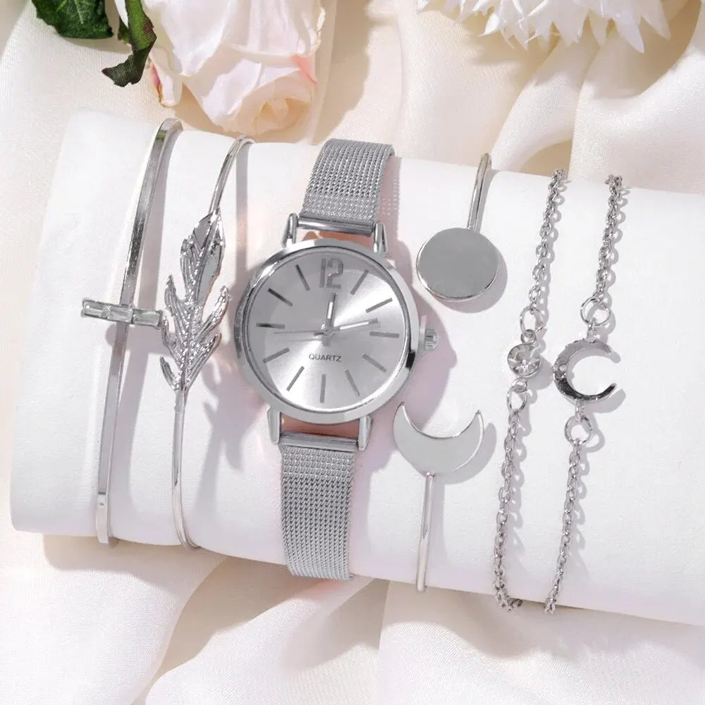 6PCS Fashionable & Minimalist Women's Circular Mesh Quartz Wristwatch & Bracelet Set | Stylish & Versatile silvery