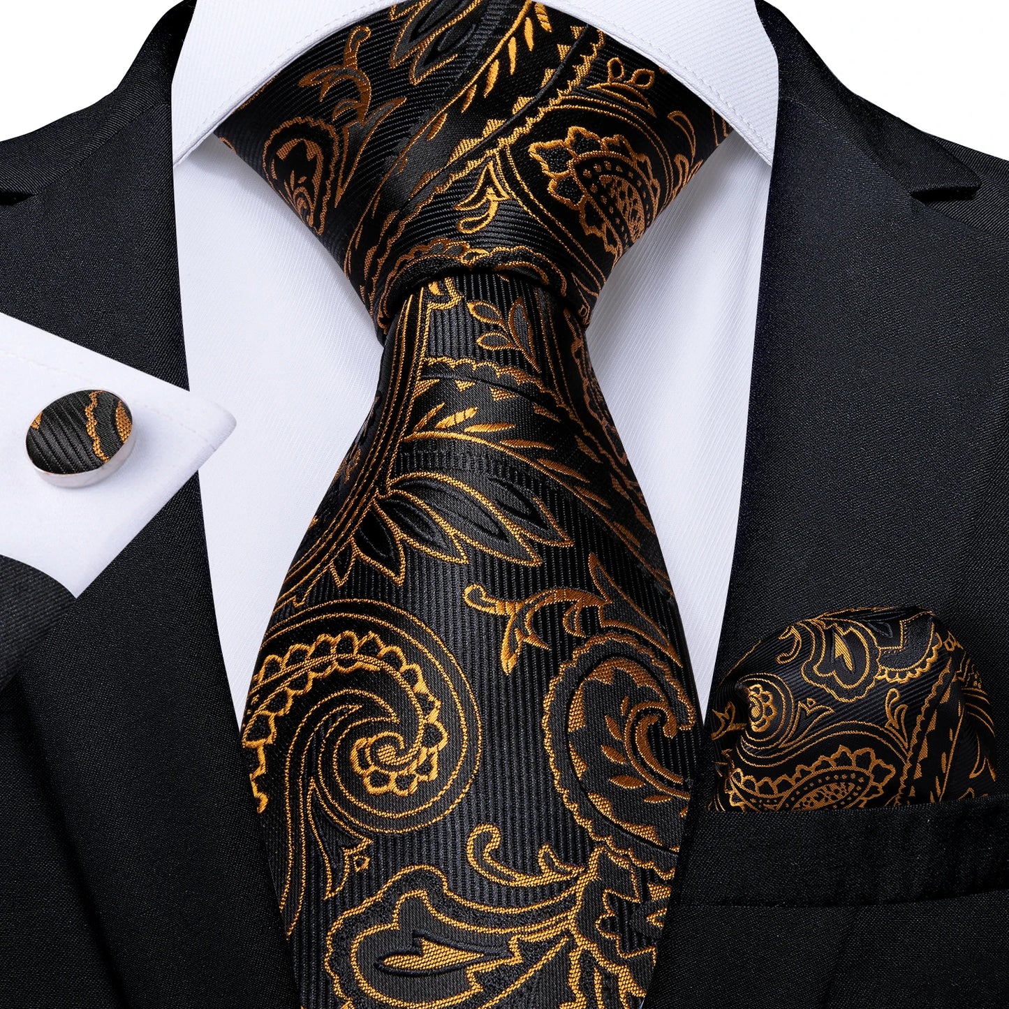 8cm Green & Gold Paisley Silk Polyester Tie Set | Wedding & Party Accessories with Pocket Square & Cufflinks | DiBanGu Necktie Gift SJT-7052