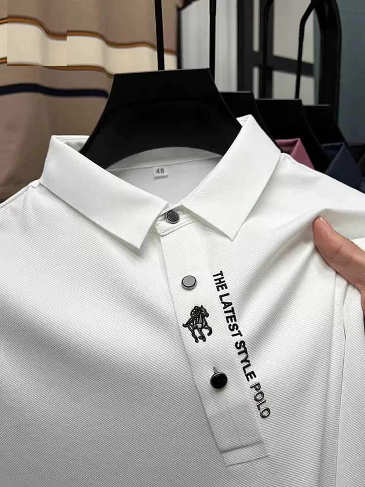 High-end Brand New Summer Solid Color High Quality Short Sleeve Polo Men's Fashion Business Casual Traceless Casual Printing bai