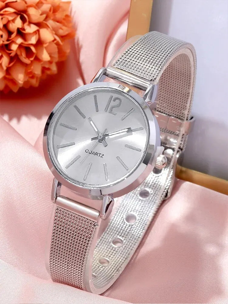 6PCS Fashionable & Minimalist Women's Circular Mesh Quartz Wristwatch & Bracelet Set | Stylish & Versatile