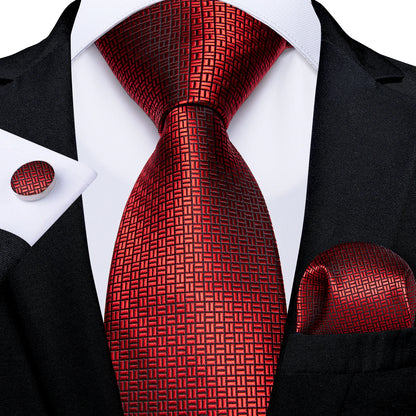 Luxury Red Plaid Silk Tie Set for Men | Business & Wedding Accessories with Handkerchief & Cufflinks | DiBanGu Designer Collection N-7424