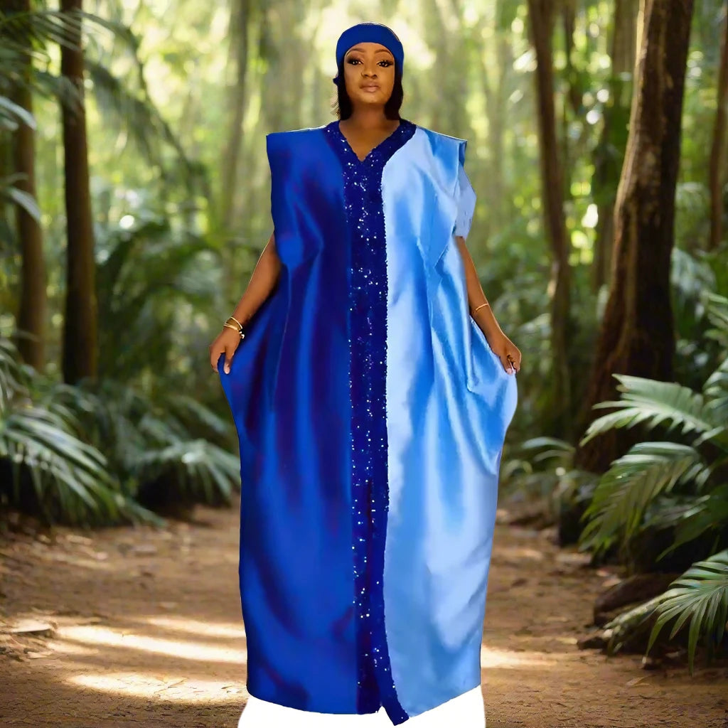 African Dresses for Women Traditional Africa Clothing Dashiki Ankara Outfits Gown Abayas Robe Muslim Kaftan Maxi Long Dress 2024 Blue One Size