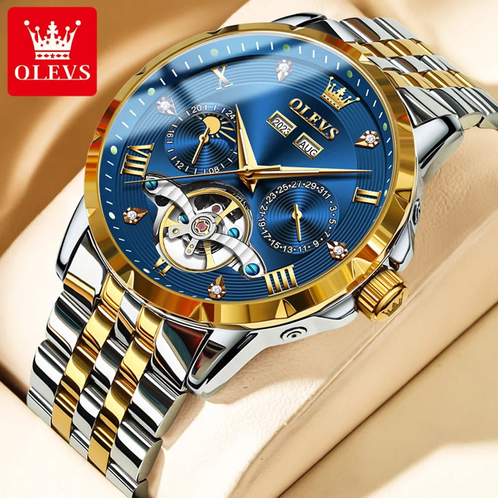 OLEVS 6691 Men's Luxury Automatic Mechanical Watch | Multi-Function Flywheel & Moon Phase | 3Bar Waterproof Gold Blue United States