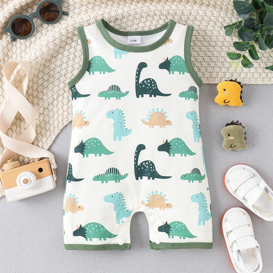 Summer 0-2 Year Old Baby Soft And Comfortable Beautiful Children's Fun Fashion Green Dinosaur Print Onesie green