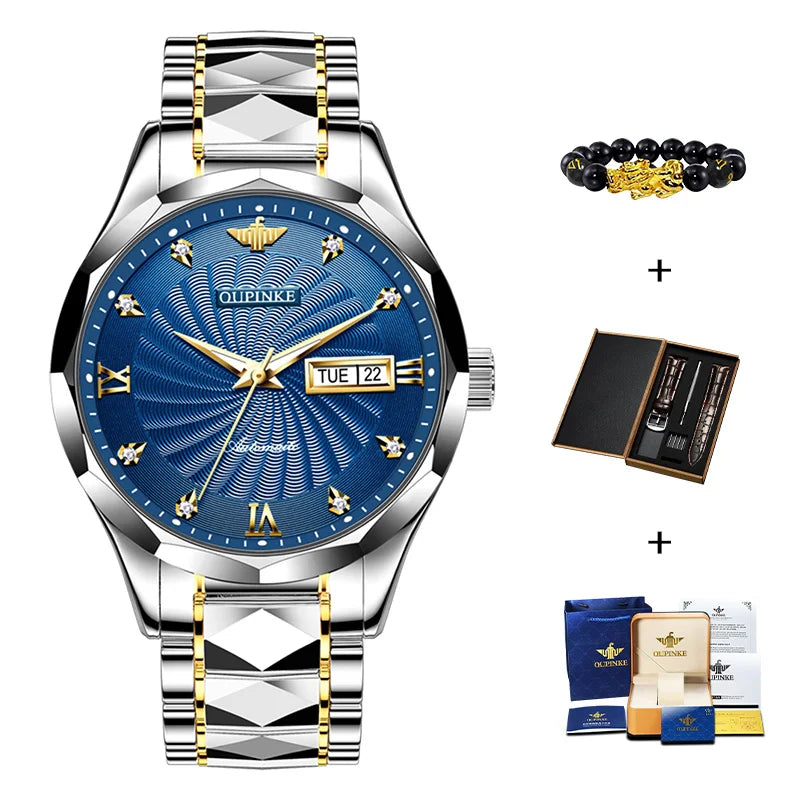 OUPINKE Men's Automatic Watch, Steel Strap, Waterproof, Dual Calendar, Business Watch gold blue United States