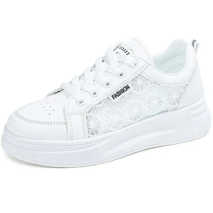 Women's Summer 2023 Fashion Casual White Sneakers | Breathable Mesh Platform Flats with Lace Detail