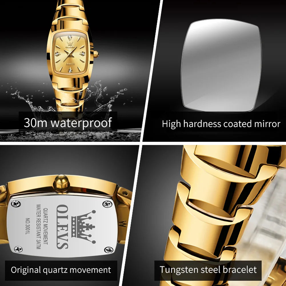 OLEVS Tonneau Tungsten Steel Women's Watch | Luxury Gold Quartz Watch, Waterproof, Luminous Hands