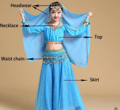 Girls' Indian Belly Dance Costume Set | Bollywood Sari Outfit for Children Blue 5pcs