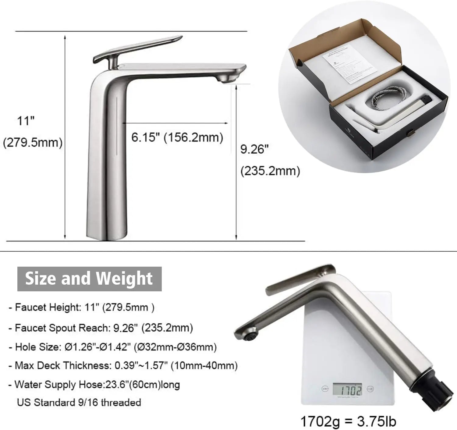 For Vessel Sink, Premium Brass Mixer Tap Brushed Nickel Bathroom Basin Single Handle Vanity Faucet 1 Hole, Modern