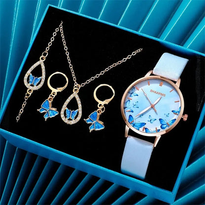 5-Piece Set: Creative Butterfly Dial Women's Quartz Watch | Leather Strap Wristwatch with Bracelet, Necklace & Earrings Blue