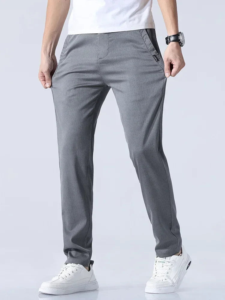 Summer New Ultra-thin Lyocell Casual Pants for Men Soft Straight Slim Stretch Fashion Casual Long Pants Classic Style Male Light grey