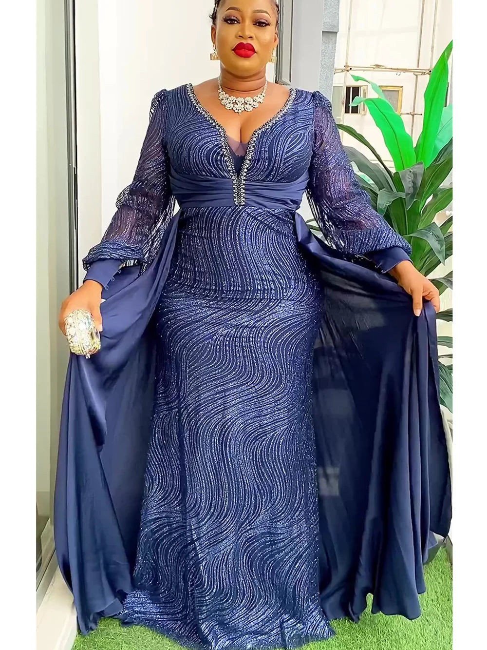 African Dresses for Women 2024 New Fashion Plus Size Sequin Evening Party Long Dress Dashiki Ankara Outfits Robe African Clothes Navy Blue